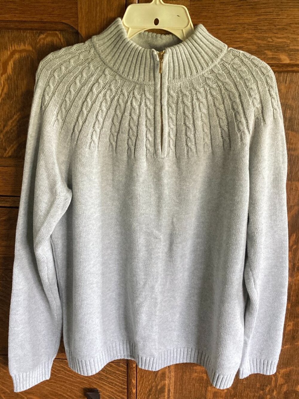 EUC Lands End Drifter sweater, mock neck, cable detail, heather grey, zipper, XL
